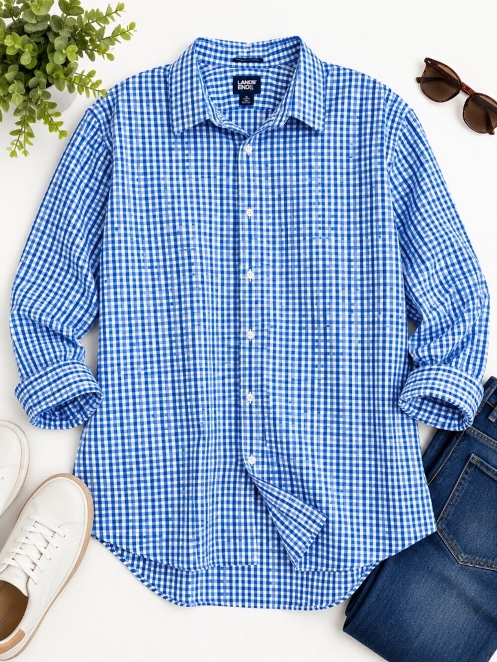 Lands' End XXL Blue White Gingham Button Down Shirt Long Sleeve Check